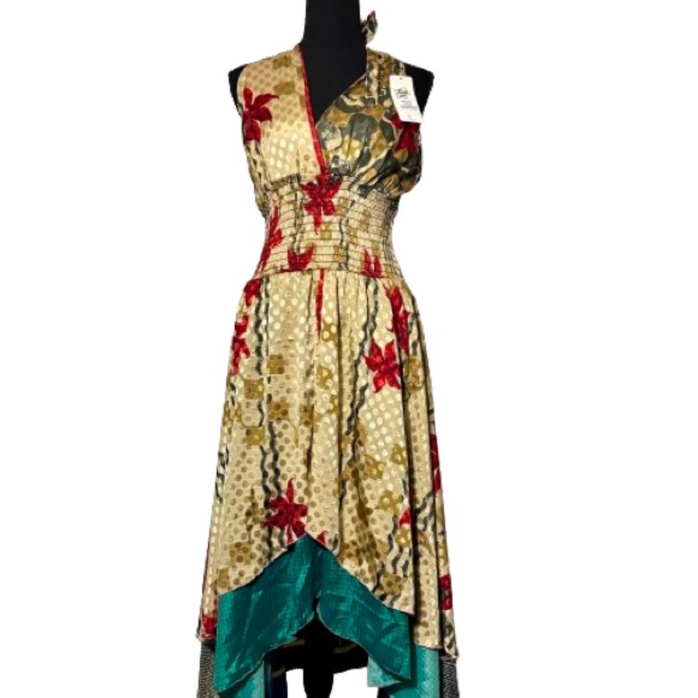 Boho Floral High-Low Halter Dress in Gold and Teal